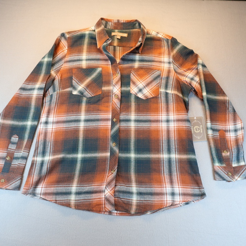 Victory Outfitters Womens Large Plaid Flannel Shirt Orange Navy Button Down NWT